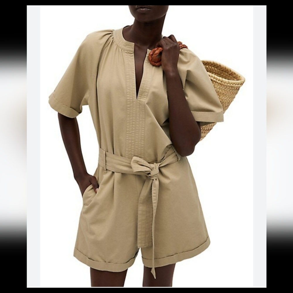 MNG mango khaki safari romper jumpsuit sz L - Picture 1 of 12
